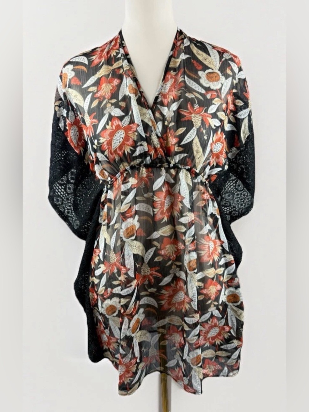 Easel Women's Top Sz Small Lace Black Floral Dark Fairy Boho Smocked Waist